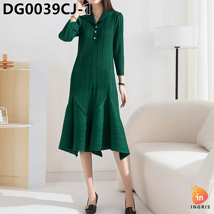 2024 new MI KE pleated dress lapel loose plus size women temperament solid Bud pleats long casual dress-DG00039CJ