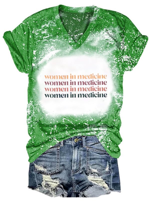 Short Sleeve V Neck Gradient Women in Medicine Letter Printed T-shirt
