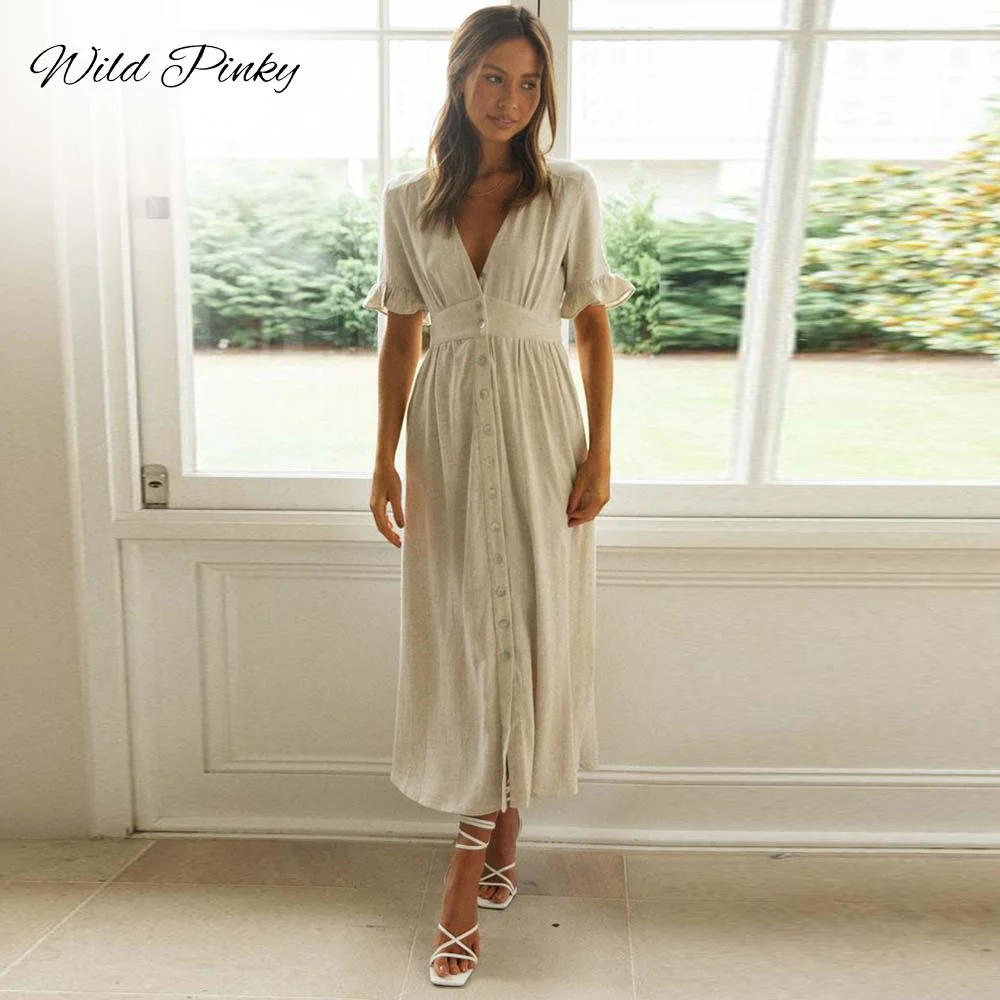 WildPinky 2021 New Sexy V Neck Solid Dress Women Summer Elegant Buttons Cotton Linen Ruffle Short Sleeve Casual Loose Midi Dress