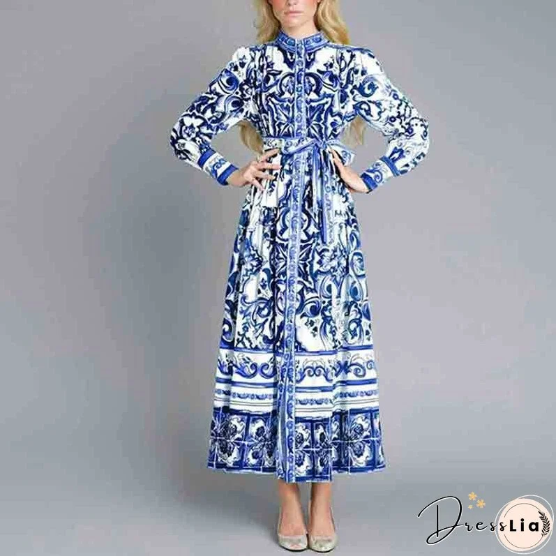Women's Sleeve Printing Lapel Long Sleeves Large Dresses