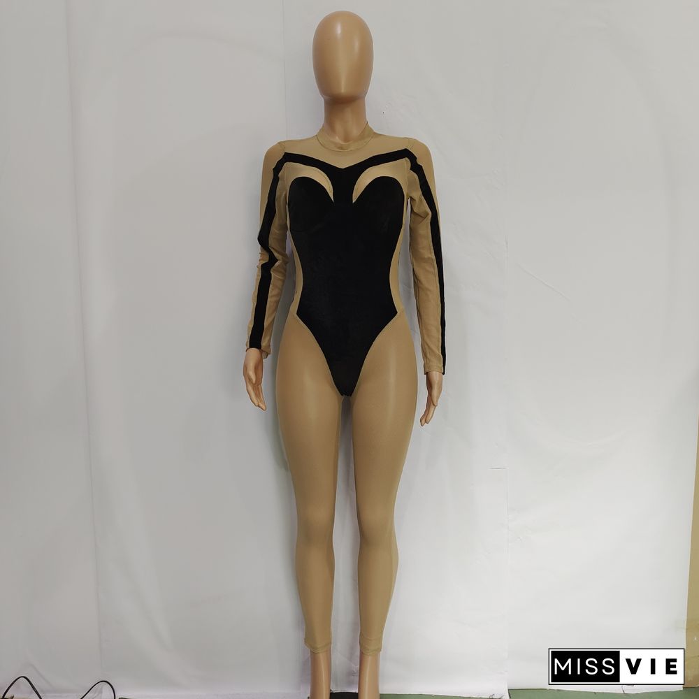 Sheer Mesh Patchwork Velvet Skinny Jumpsuit