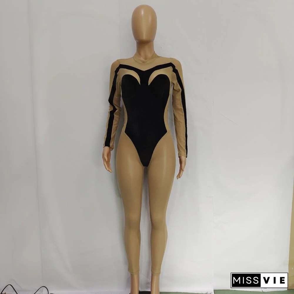 Sheer Mesh Patchwork Velvet Skinny Jumpsuit