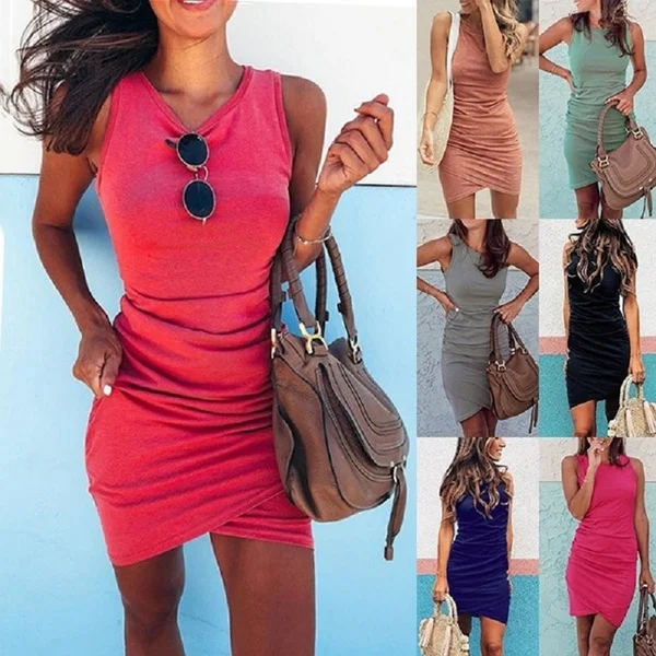 Women's Fashion Pure Color Dress Round Neck Casual Dress Sleeveless Summer Dresses for Women
