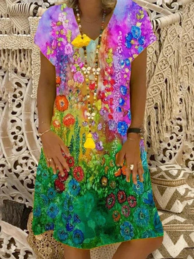 Women's V-neck Floral Printed Short Sleeve Midi Dress
