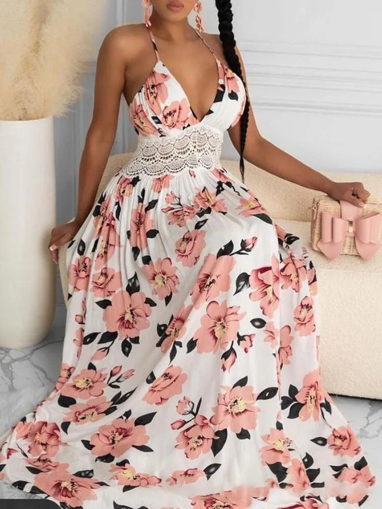 Sexy Deep V Neck Pink Flower Printed Beach Dress