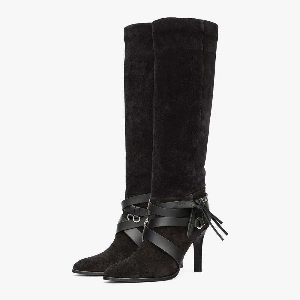 Black Pointed Toe Stiletto Heel Cross Strap Knee High Boots with Ring