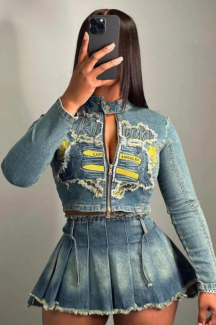 Denim Ripped Raw Edge Zipper Crop Jacket Pleated Mini Skirt 2pcs Set-Blue