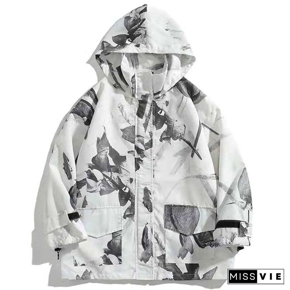 Dry Rose Pattern Print Shirt Hooded Coat