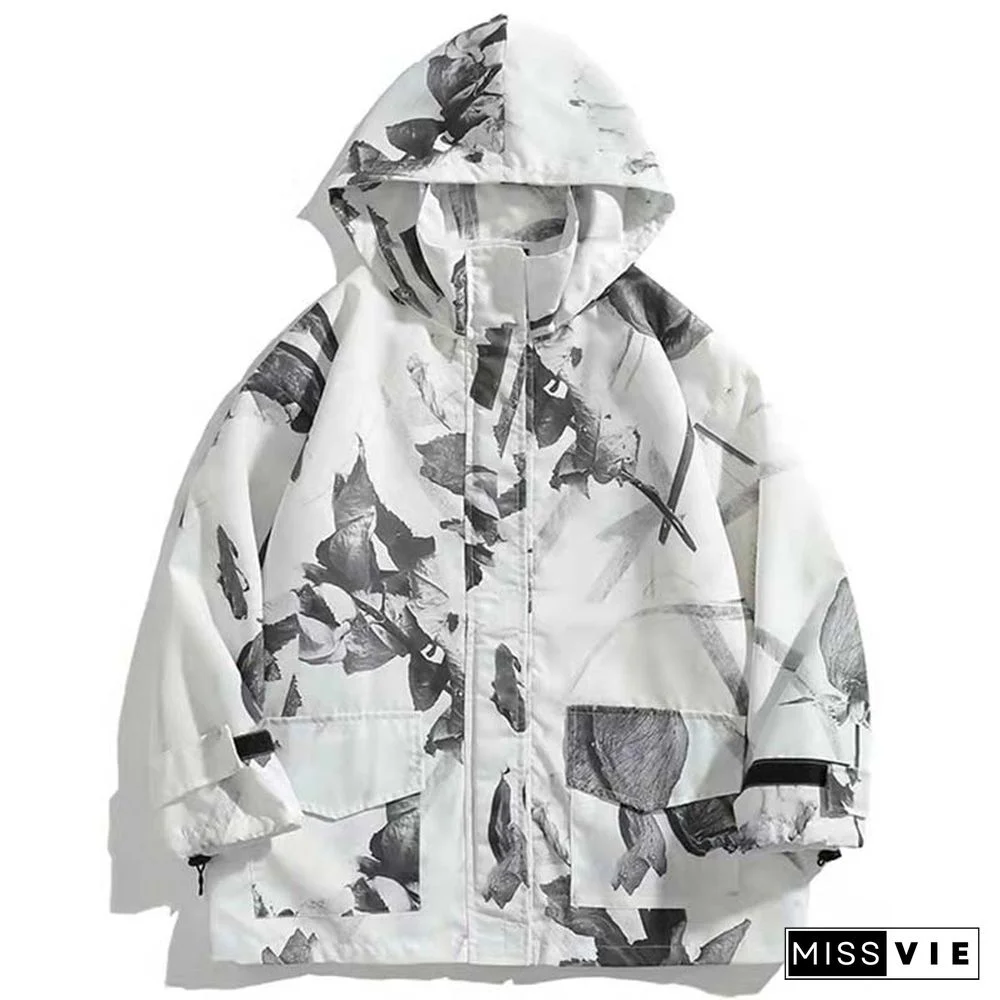 Dry Rose Pattern Print Shirt Hooded Coat