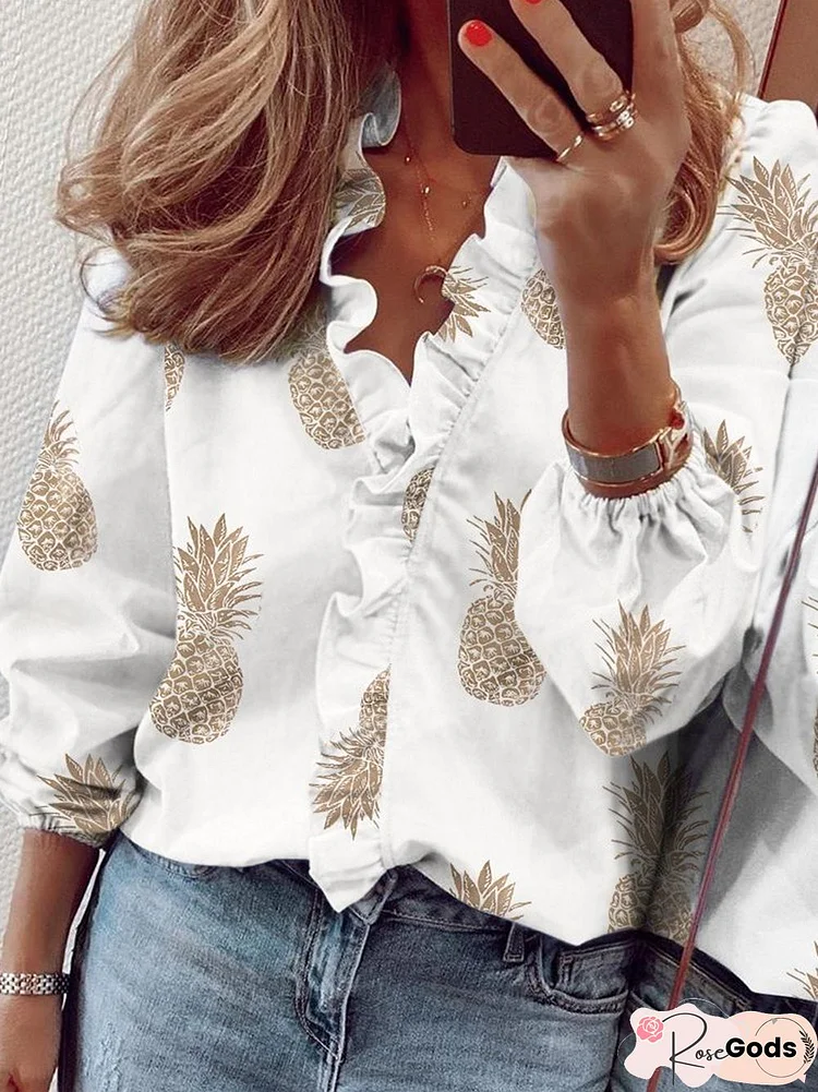 Casual Ruffled V Neck Long Sleeve Tops