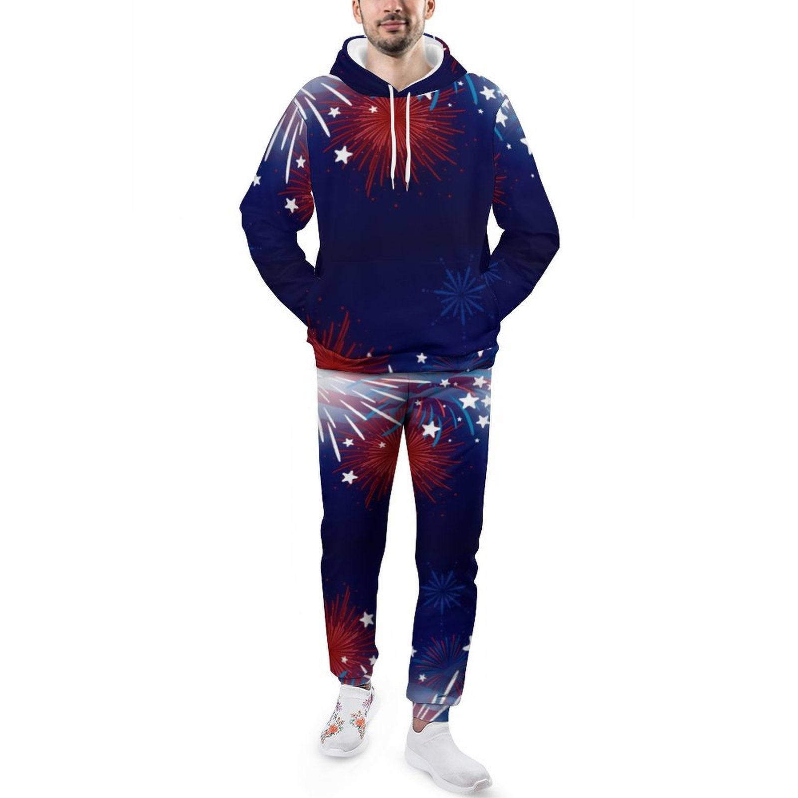 4Th Of July Fireworks Sparklers Red White Blue Men's Sweatsuits Set Casual Athletic Pullover And Sweatpants Suit Outfit