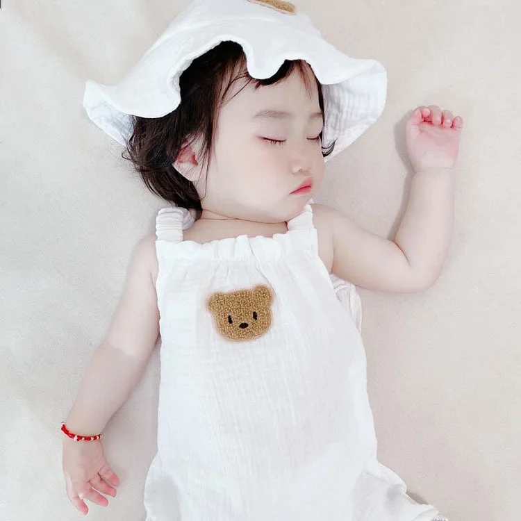 Baby Embroidered Bear Sleeveless Romper with Hat