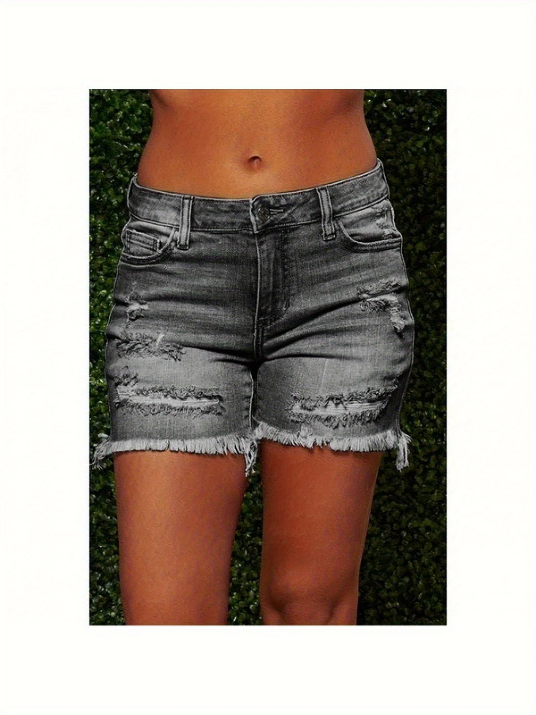 Women's Retro Washed Ripped Denim Shorts-Super Comfortable Fit, Vintage Gray With Raw Edges And Wear Details, Casual Summer Style, Polyester Blend, Machine Washable, Denim Short | IFYHOME