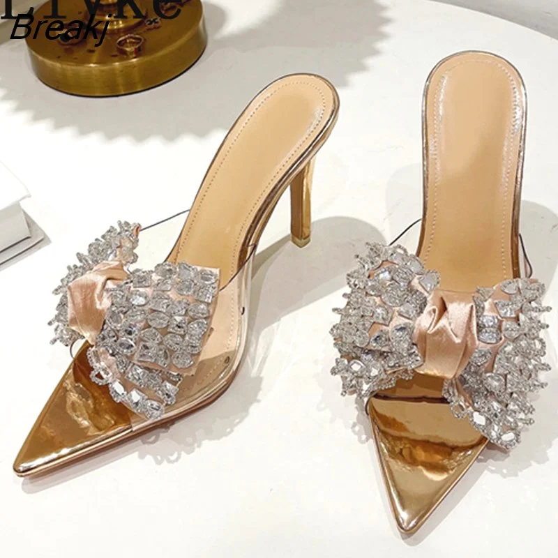 Breakj Thin High Heels Women Slippers Fashion Crystal Bowknot PVC Transparent Sandals Sexy Pointed Toe Summer Party Prom Shoes