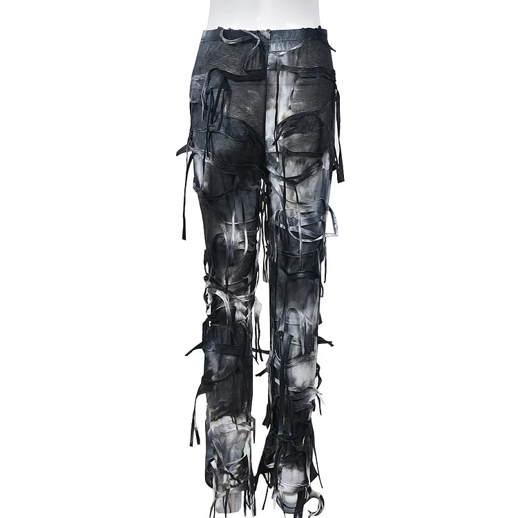 Statement Street Style Fringed Lace Up Tie-dye Flare