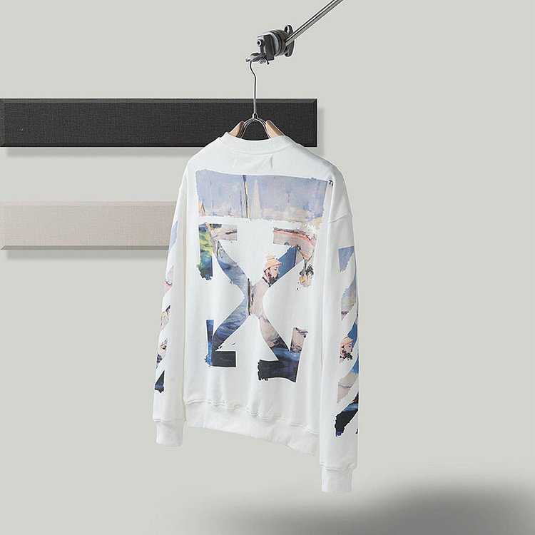 off White Sweatshirts Monet Oil Painting Boat Arrow round Neck Sweater for Men and Women