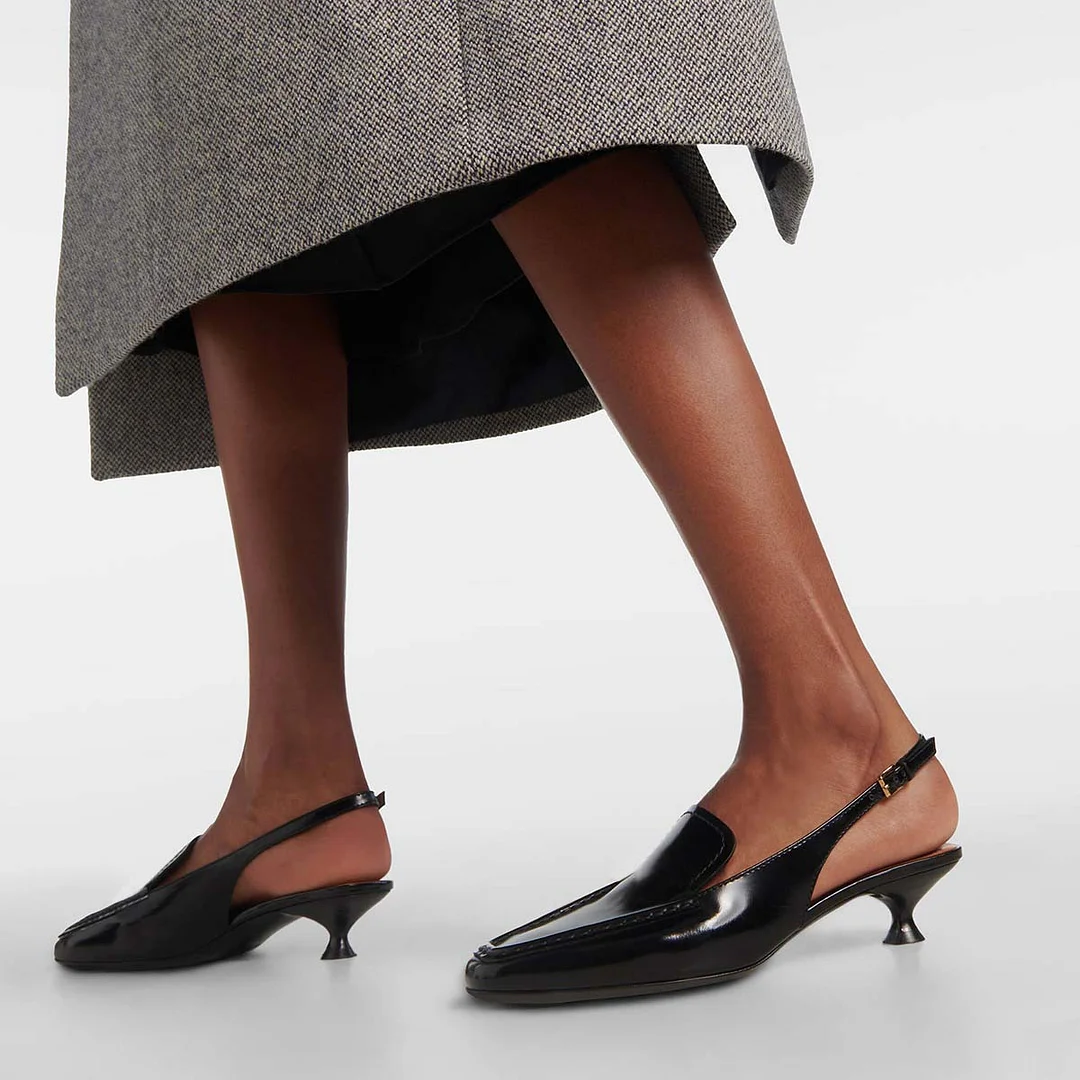 Square Toe Slip-On Spool Heel Slingback Loafer Shoes Women in Black