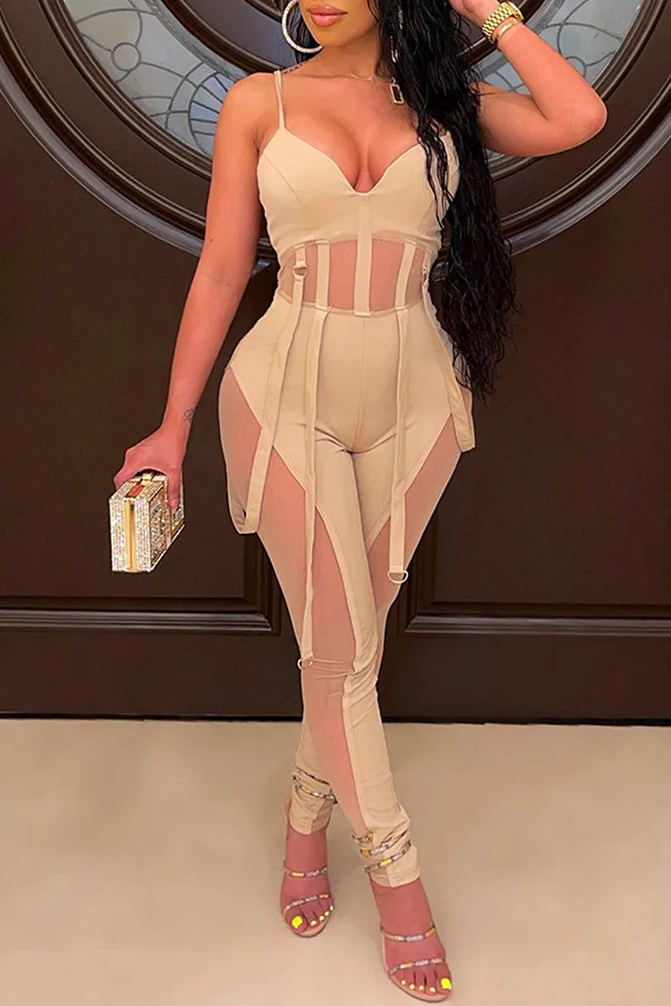 Sexy Solid Patchwork See-through Skull Spaghetti Strap Skinny Jumpsuits