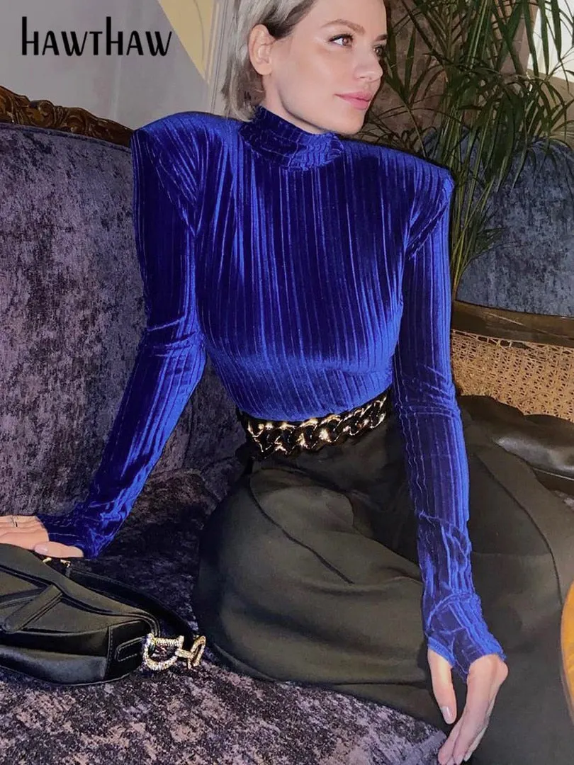 Hawthaw Women Fashion Long Sleeve Velvet Bodycon T Shirt Tops Bodysuit 2022 Spring Autumn Clothes Wholesale Items Dropshipping