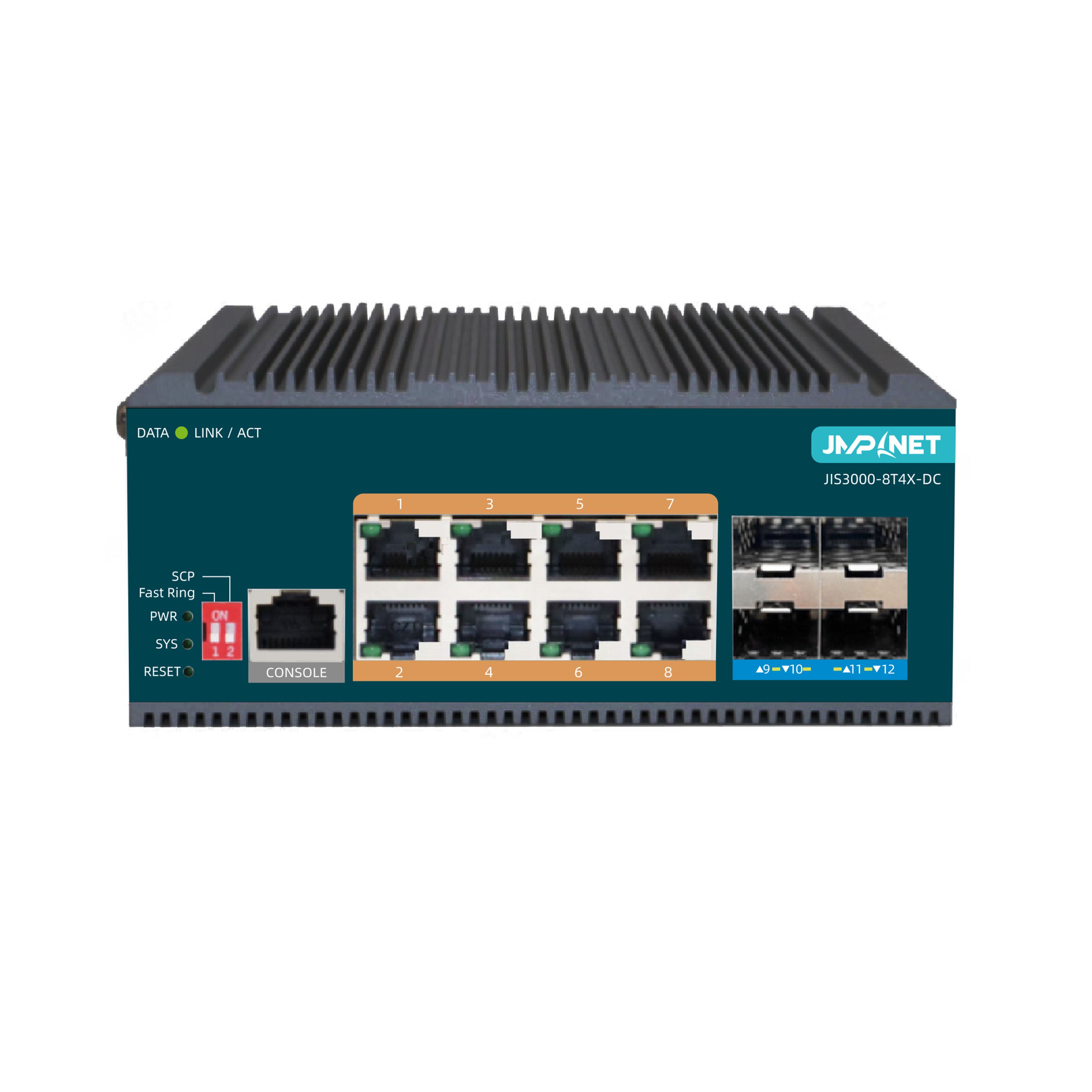 JIS3000-8T4X-DC, 8 x 1Gb RJ45, 4 x 10Gb SFP/SFP+, L3 Managed Industrial Switch