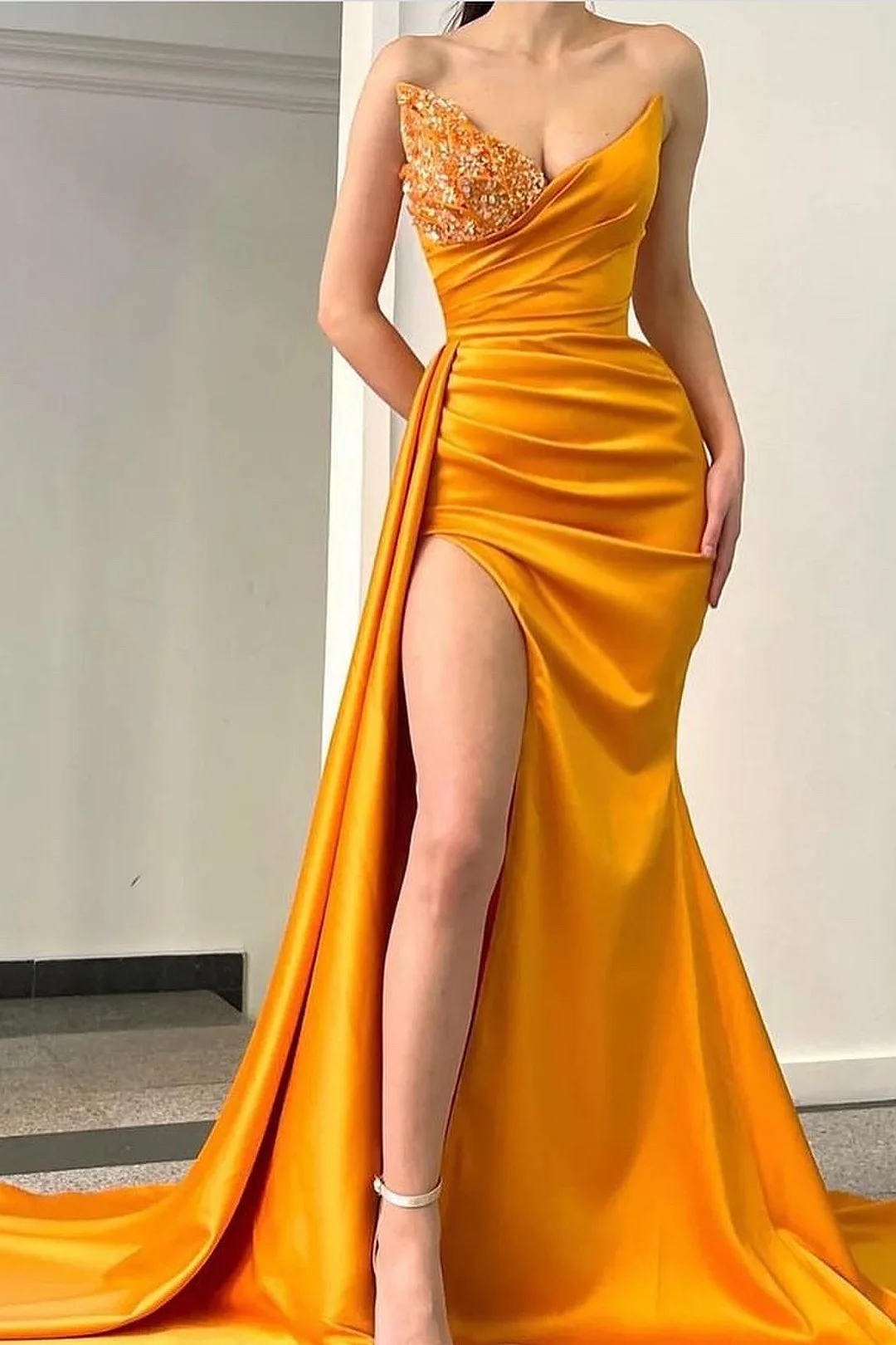 Daisda Sweetheart Beadings Orange Mermaid Evening Dress Split With Ruffles
