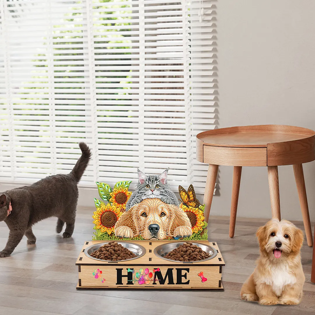 Diamond Painting Food Bowl with Wood Stand Diamond Art Dog Bowl for Small Dogs