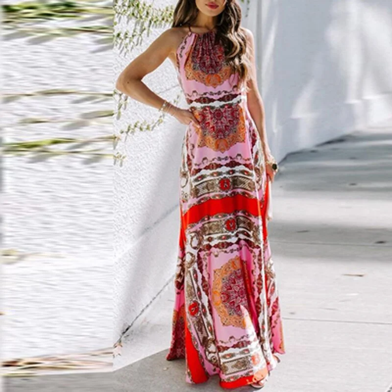 Sexy Halter Sleeveless Vintage Print Dresses Female Elegant Party Long Dress Summer Fashion Casual Off Shoulder Boho Beach Dress