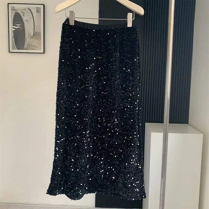 Cartoonh Autumn Black Chicly Sequin Simple Female Skirts High Waist Office Ladies Solid Color Casual Fashion A-line Women Skirts