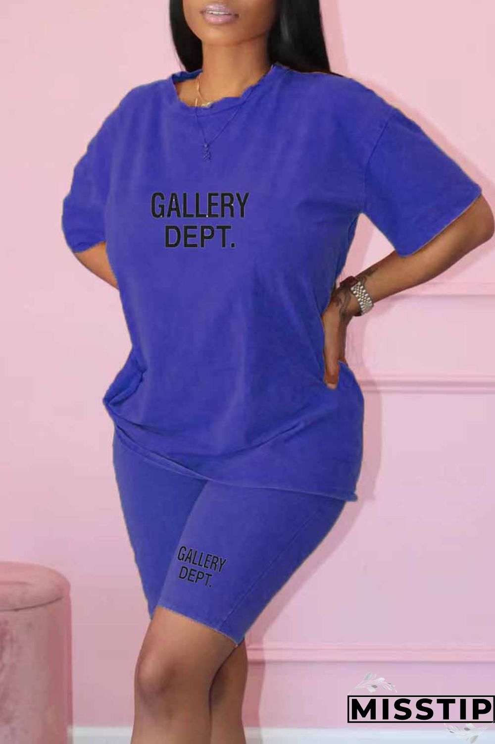 Black Casual Print Letter O Neck Short Sleeve Two Pieces