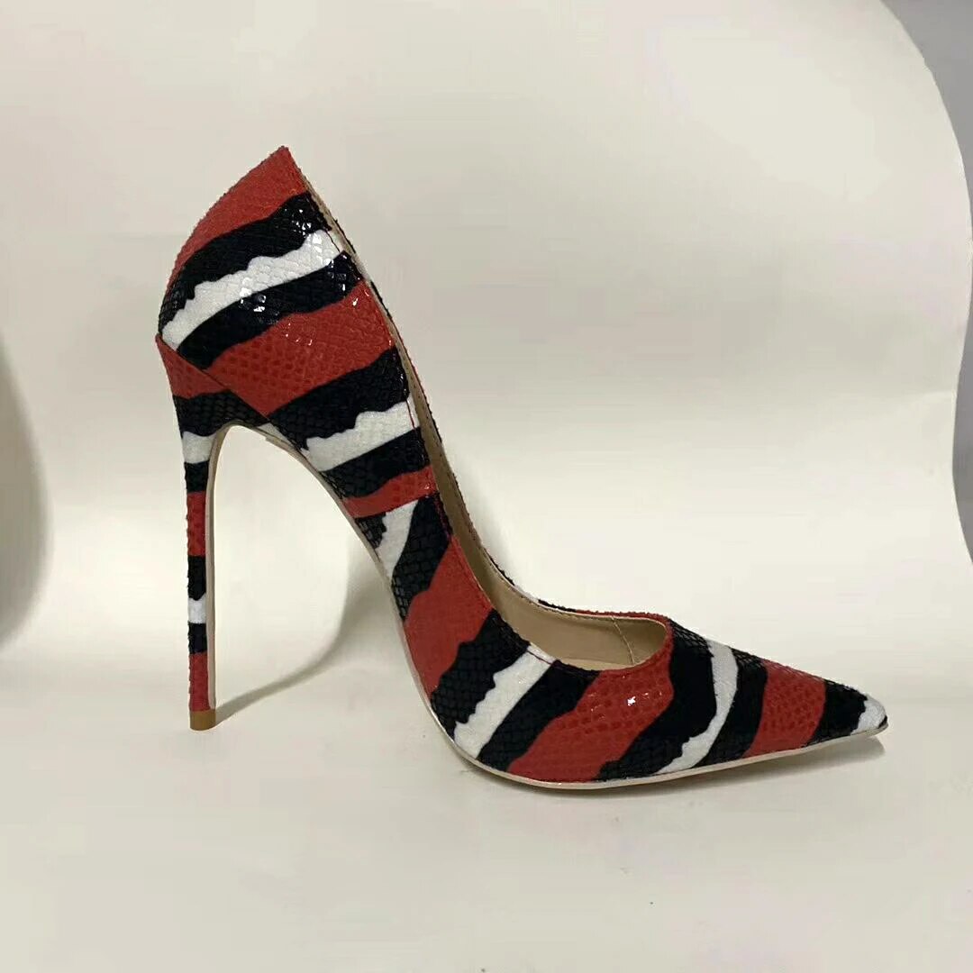 VCSHOES Red Black White Snake Leather Pointed Toe Pumps Woman Celebrity Party High Heel Shoes Ladies Multi Python Thin Heels