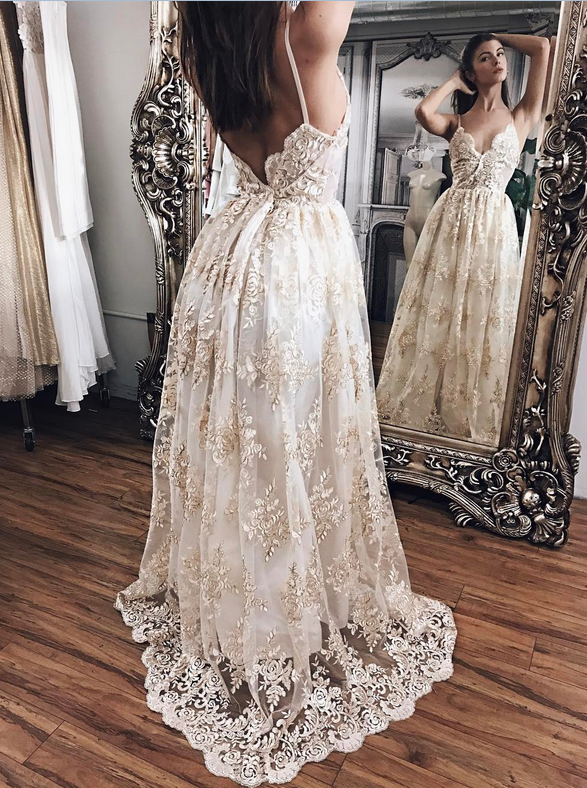 white lace prom dress with spaghetti straps low back lace princess prom dresses