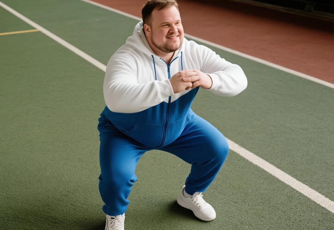 A big and tall man workout in shrot sets