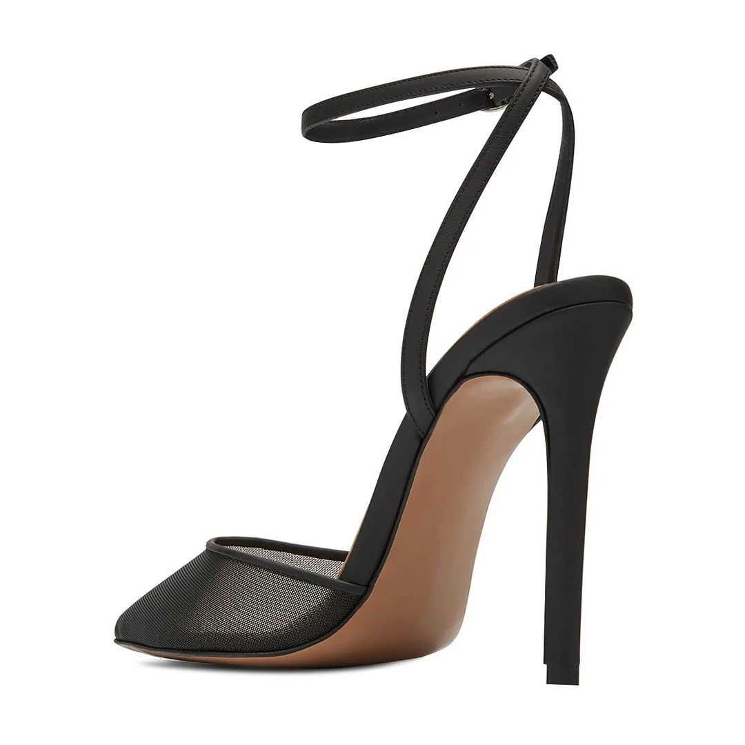 Women's Black Mesh & Satin Ankle Strappy Pumps with Stiletto Heel