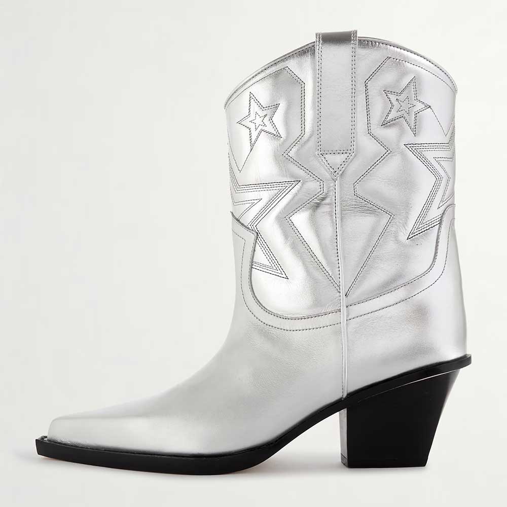 Silver Stitching Star Wide Calf Block Heel Western Boots for Women