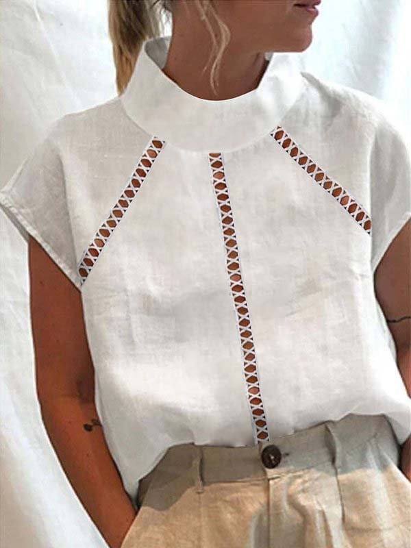 Women's Cotton Linen Hollow Webbing Turtleneck Shirt