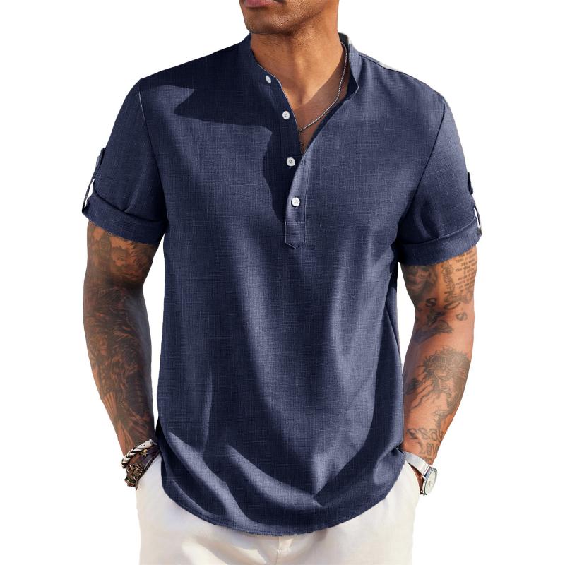 Men's Vintage Cotton and Linen Henley Collar Short Sleeve Shirt 12085943Y