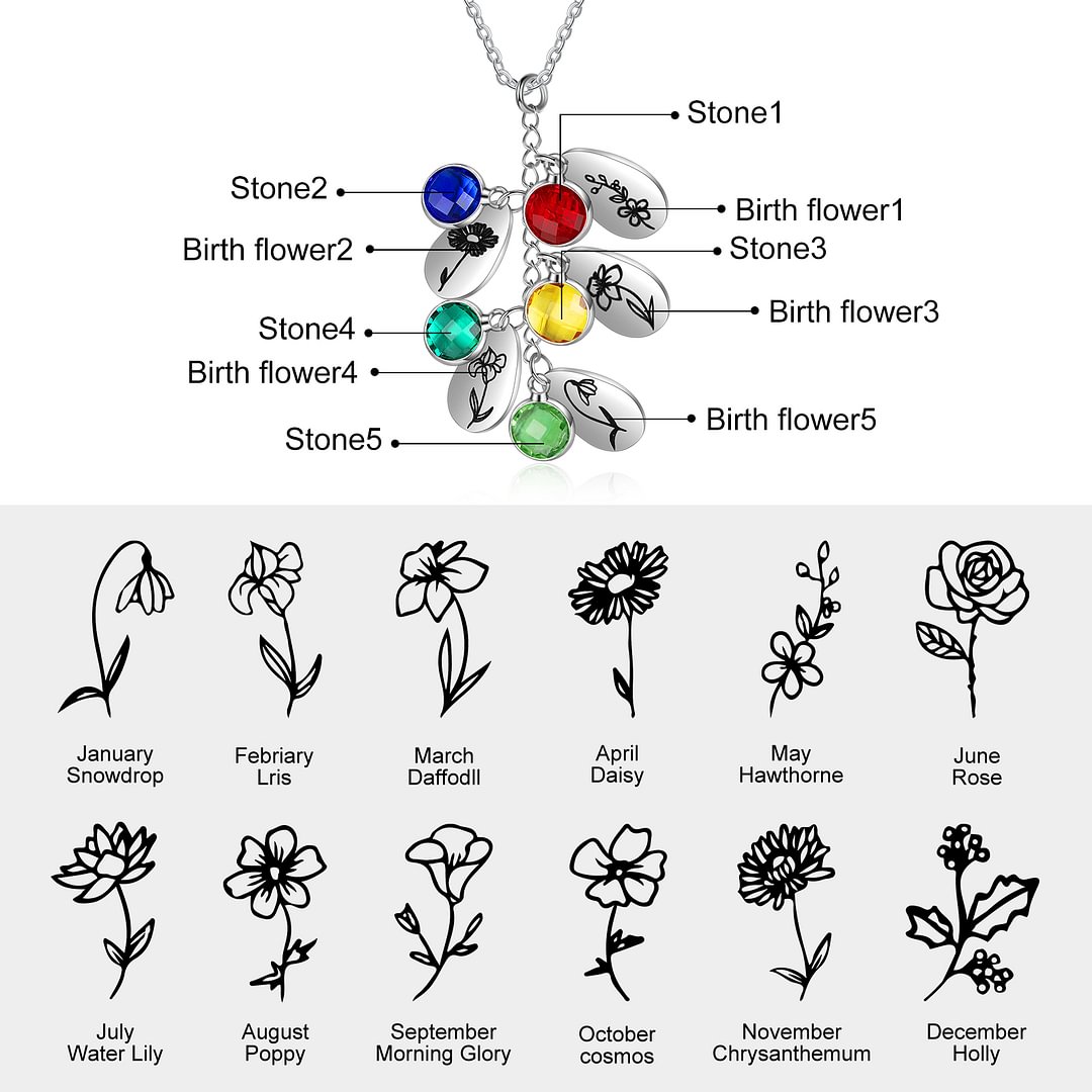 Collier 5 fleurs de naissance avec pierre ce naissance
