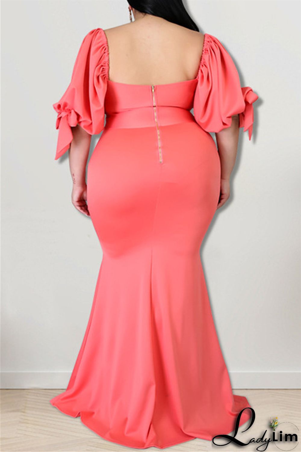 Pink Fashion Sexy Plus Size Solid Backless Slit Square Collar Evening Dress
