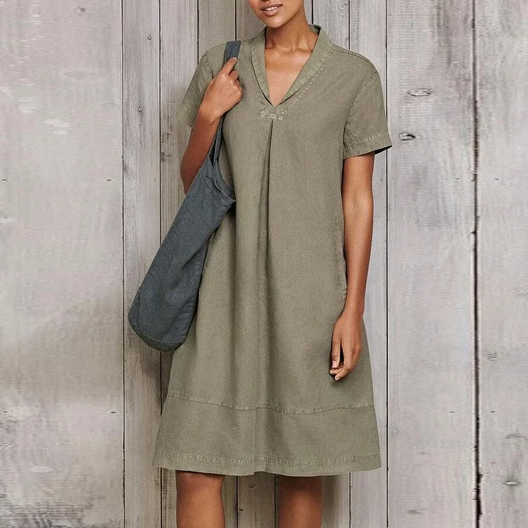 Solid Color Cotton And Linen Casual V Neck Dress