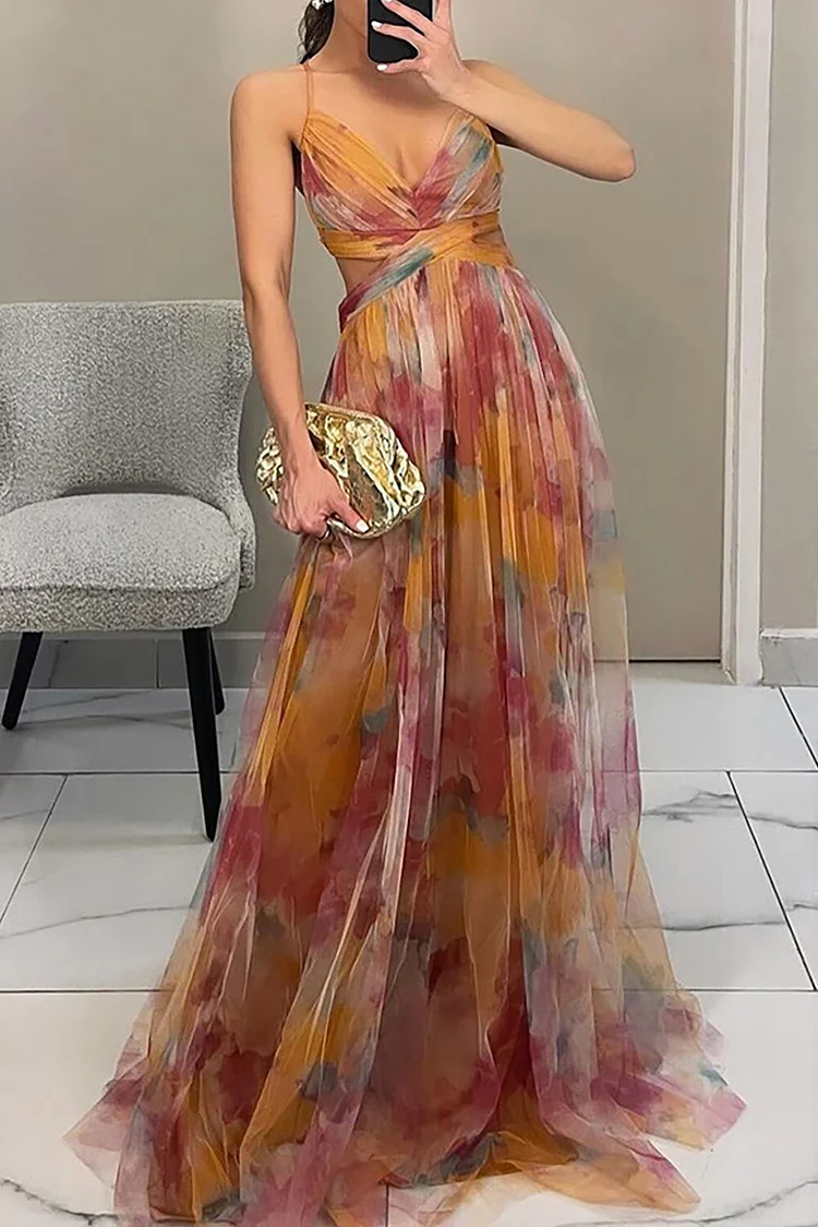 Floral Print V Neck A-Line Tulle Strappy Maxi Dresses-Orange