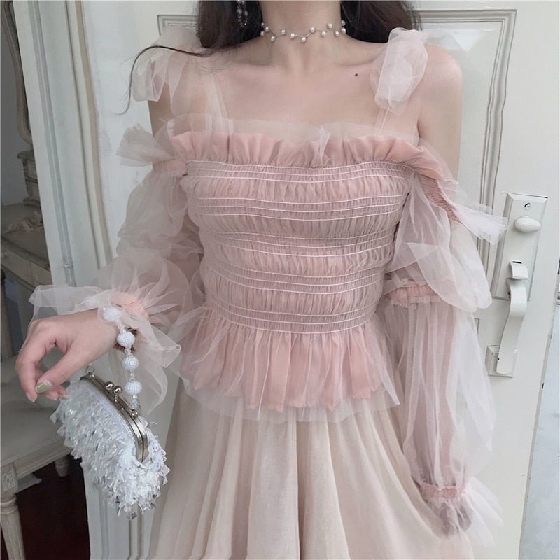 Tulle Ruffle Off-Shoulder Fairy Blouse Novameme