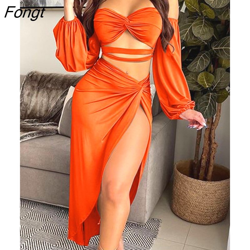 Fongt Long Sleeve Strapless Hallow Out Tops & Sexy Slit Maxi Skirts Set Women Two Piece Set
