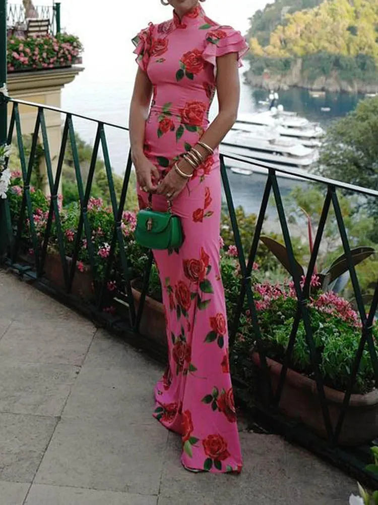 Cheongsam Rose Floral Print Tiered Flare Sleeve Stretch Maxi Dress