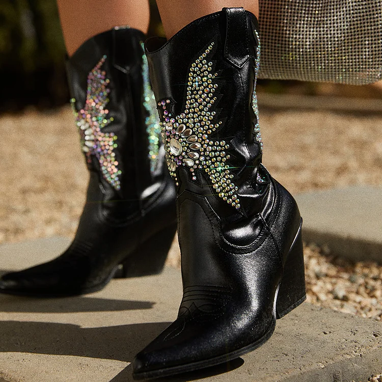Black Pointed Toe Western Boots Women'S Classic Block Heel Shoes Calf High Rhinestones Boots |FSJ Shoes