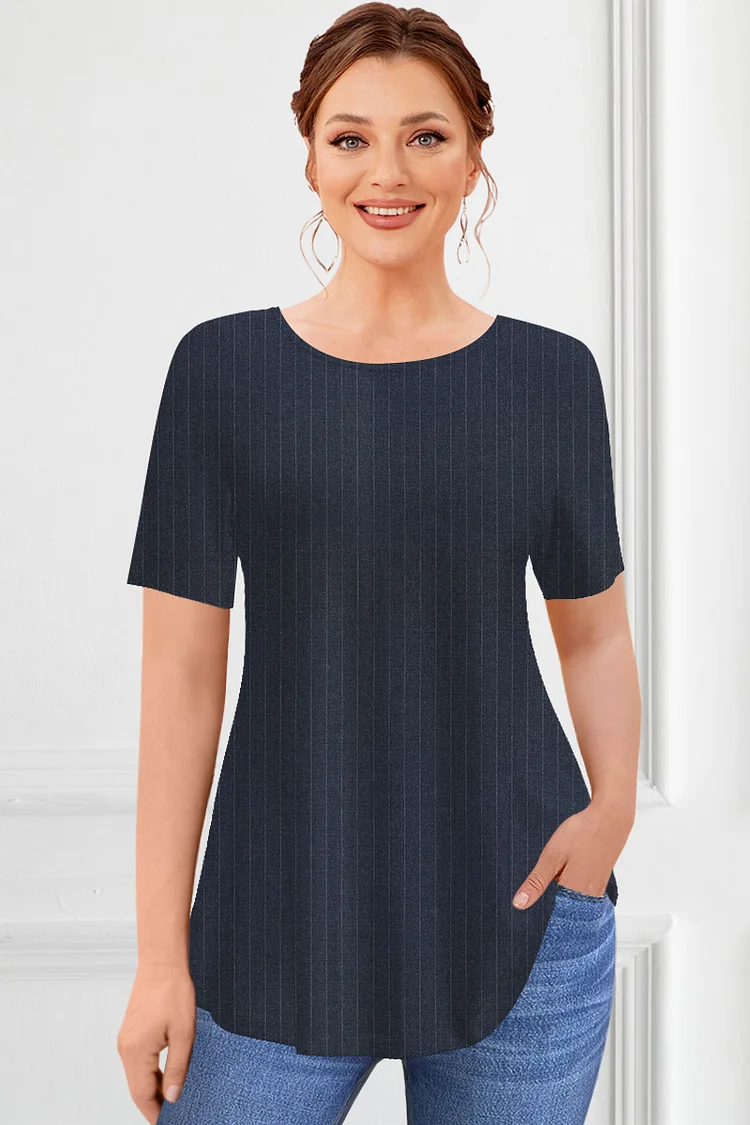 Flycurvy Plus Size Casual Dark Blue Texture Print  A-Line T-Shirt  Flycurvy [product_label]