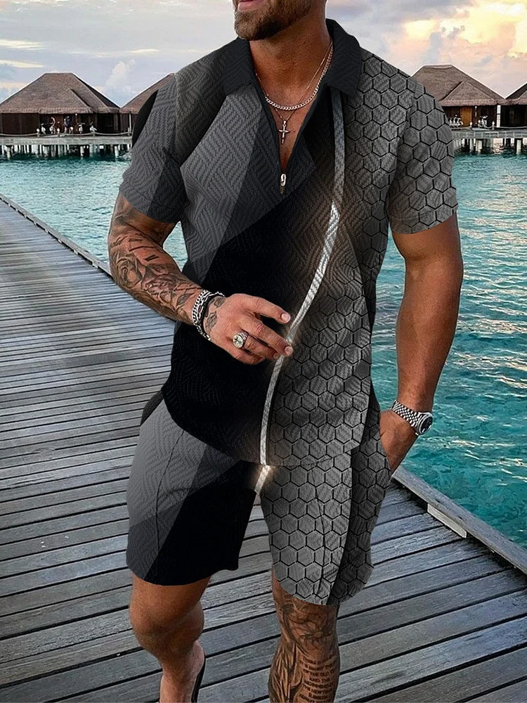 Men's Fashion Printed Zip Polo Shirt and Shorts Two-Piece Suits