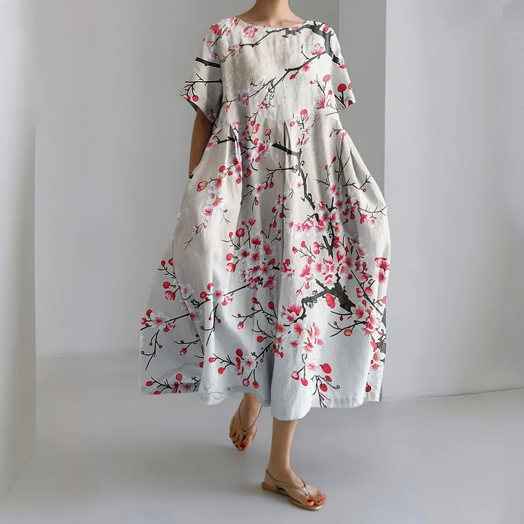 Comstylish Blossom Japanese Art  Round Neck Short Sleeve Casual Midi Dress