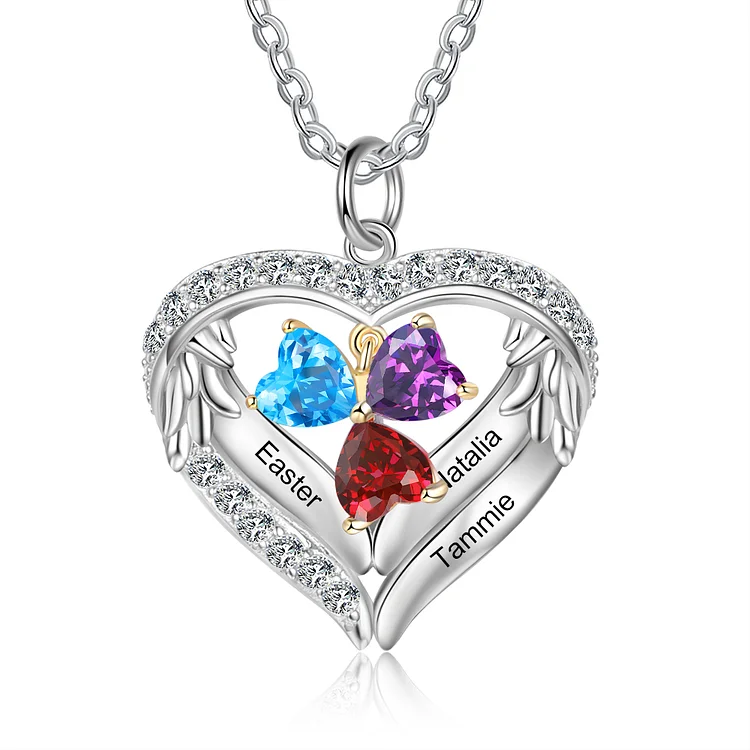 Personalized Diamond Heart Necklace with 3 Birthstones Wings Necklace