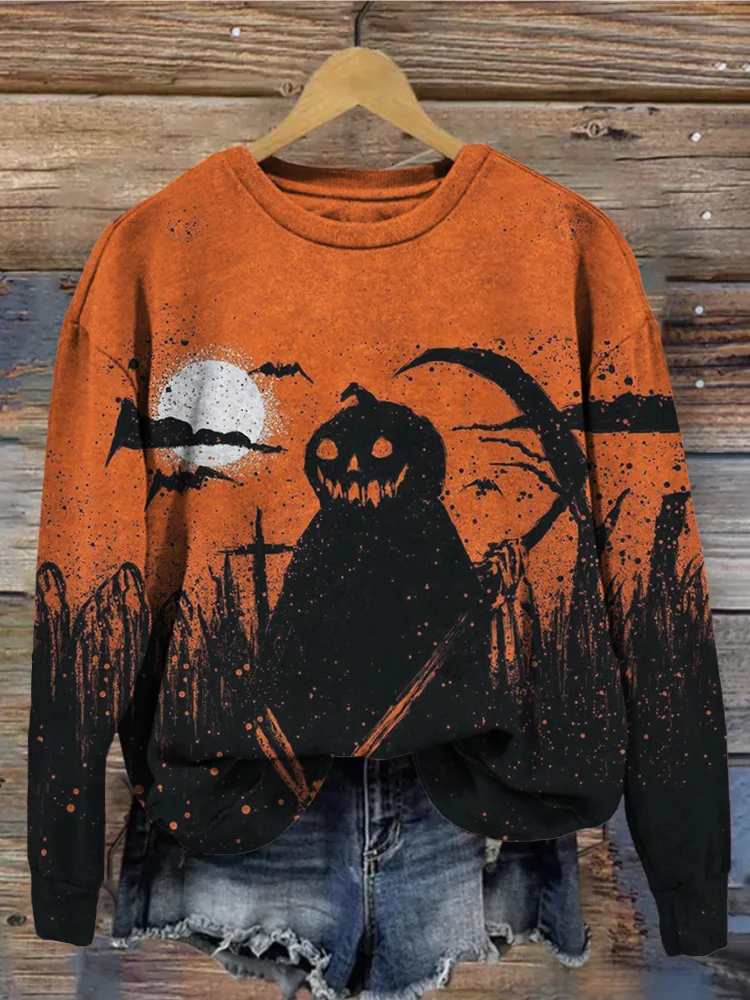 Vintage Halloween Pumpkin Ghost Art Washed Sweatshirt