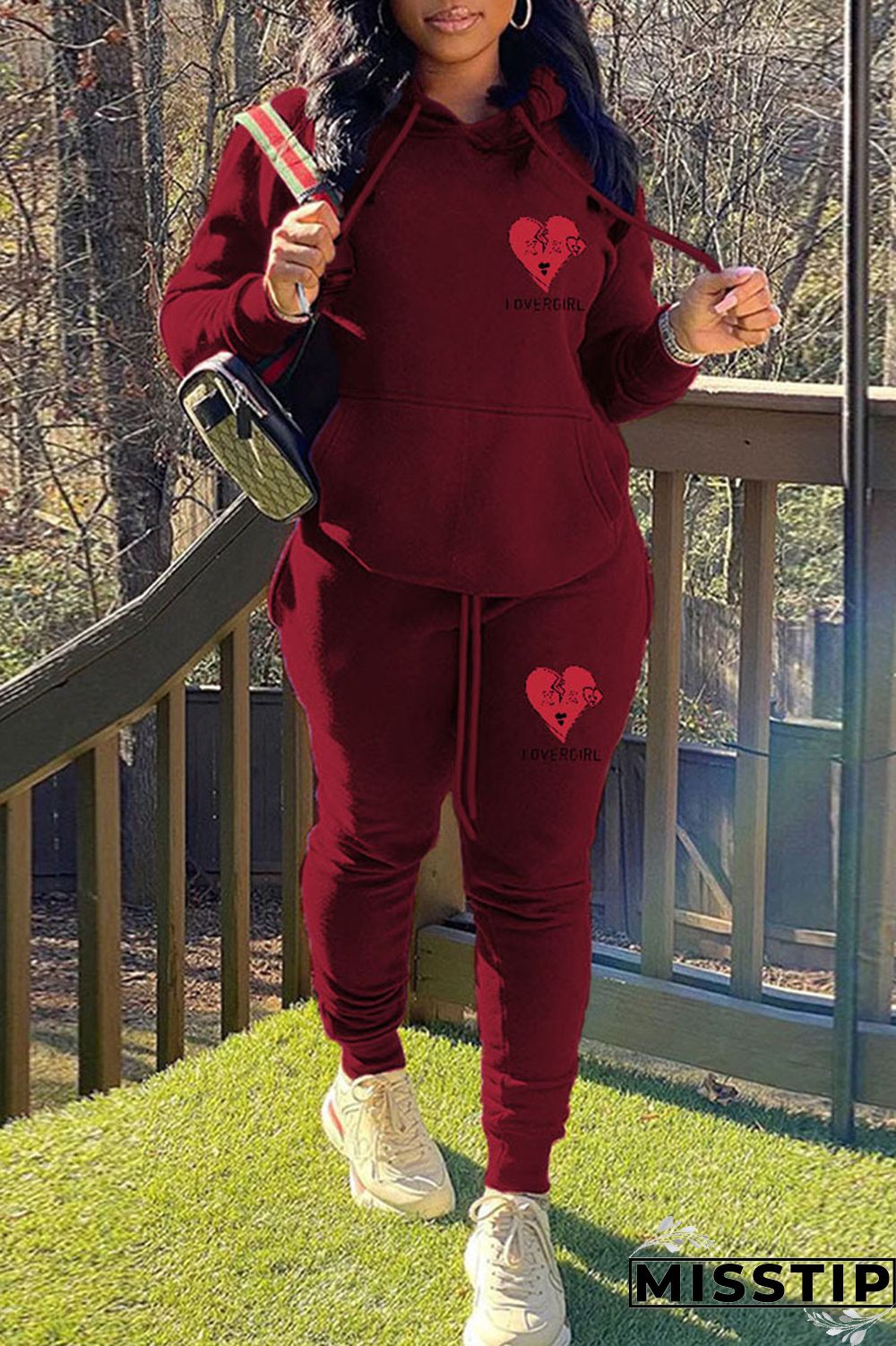 Black Casual Print Patchwork Hooded Collar Long Sleeve Two Pieces